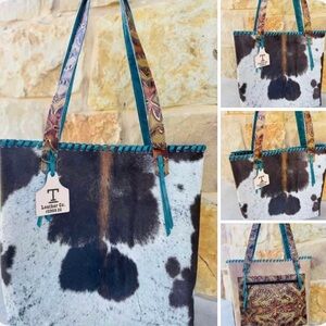Cowhide Tote Bag - Black, White, and Teal
